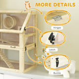 PawHut Wooden Hamster Cage with Detachable 32cm Deep Bottom, Hut, Seesaw, Exercise Wheel, Ramps, 60 x 40 x 75cm