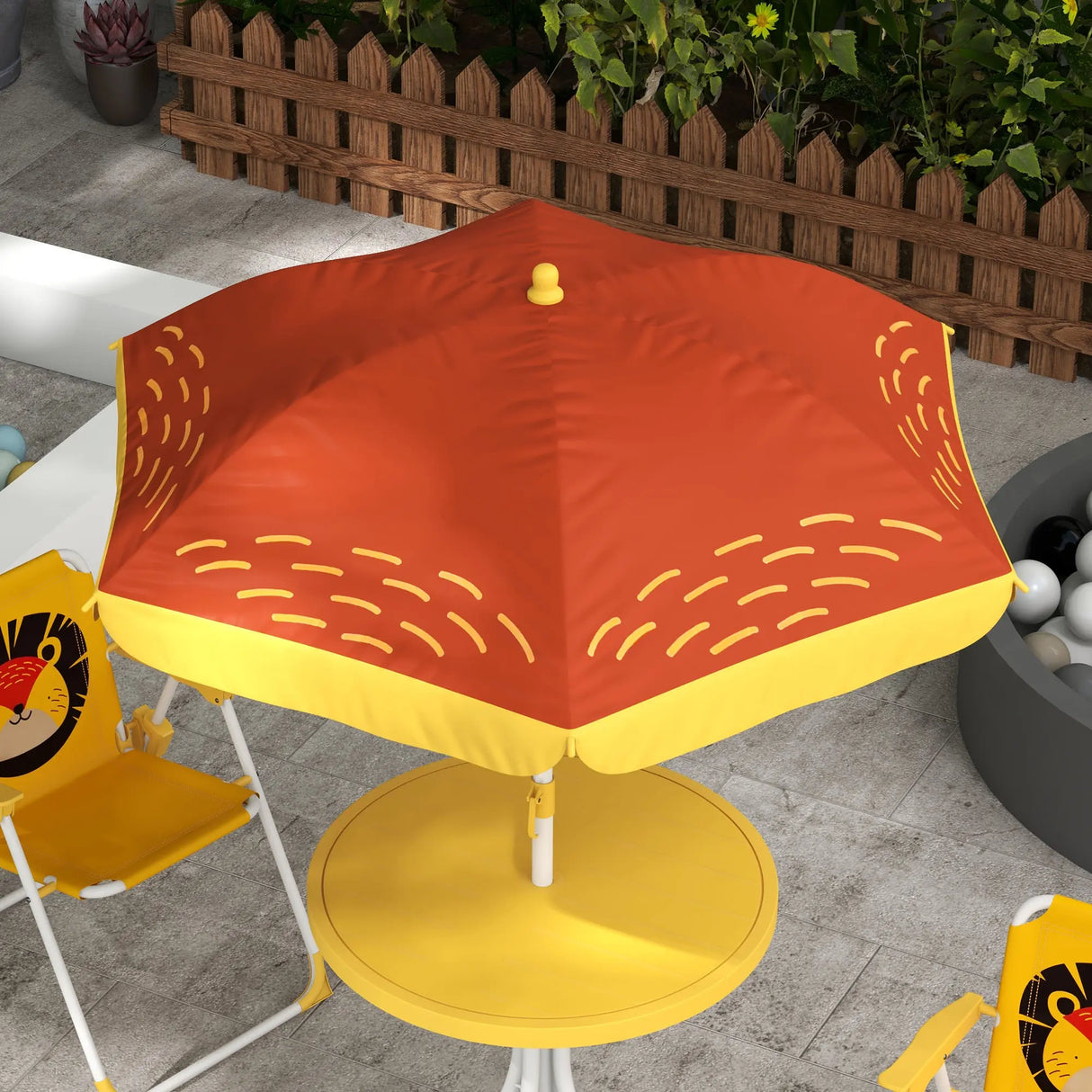 Outsunny Kids Picnic Table and Chair Set, Lion Themed Outdoor Garden Furniture w/ Foldable Chairs, Adjustable Parasol - Yellow