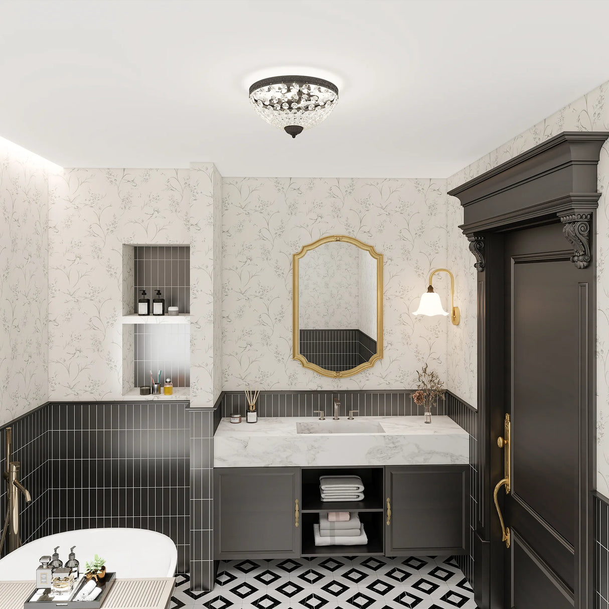 HOMCOM Crystal Chandelier Ceiling Light with 168 Octagonal Beads, Vintage 2-Light Flush Mount Ceiling Light for Living Room, Bedroom, Hallway, Dining Room, Black