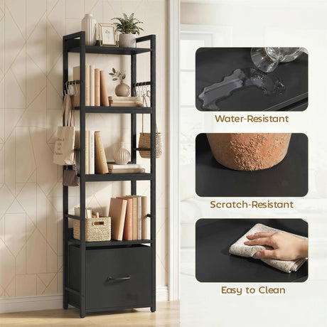 HOMCOM 4-Tier Bookshelf, Narrow Bookcase with Drawer, 8 Hooks, Metal Frame, Black