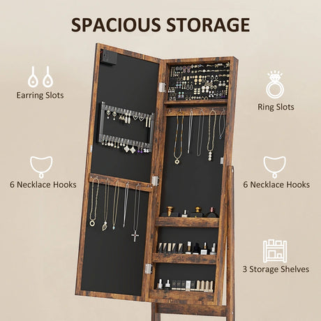 HOMCOM Free Standing Mirror Jewelry Cabinet with LED Lights, Jewellery Organiser with 3 Angle Adjustable, Full-Length Mirror with Storage for Earrings, Necklaces, Rings and Lipsticks, Rustic Brown