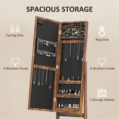 HOMCOM Freestanding Mirrored Jewellery Storage Cabinet - Wood-Effect