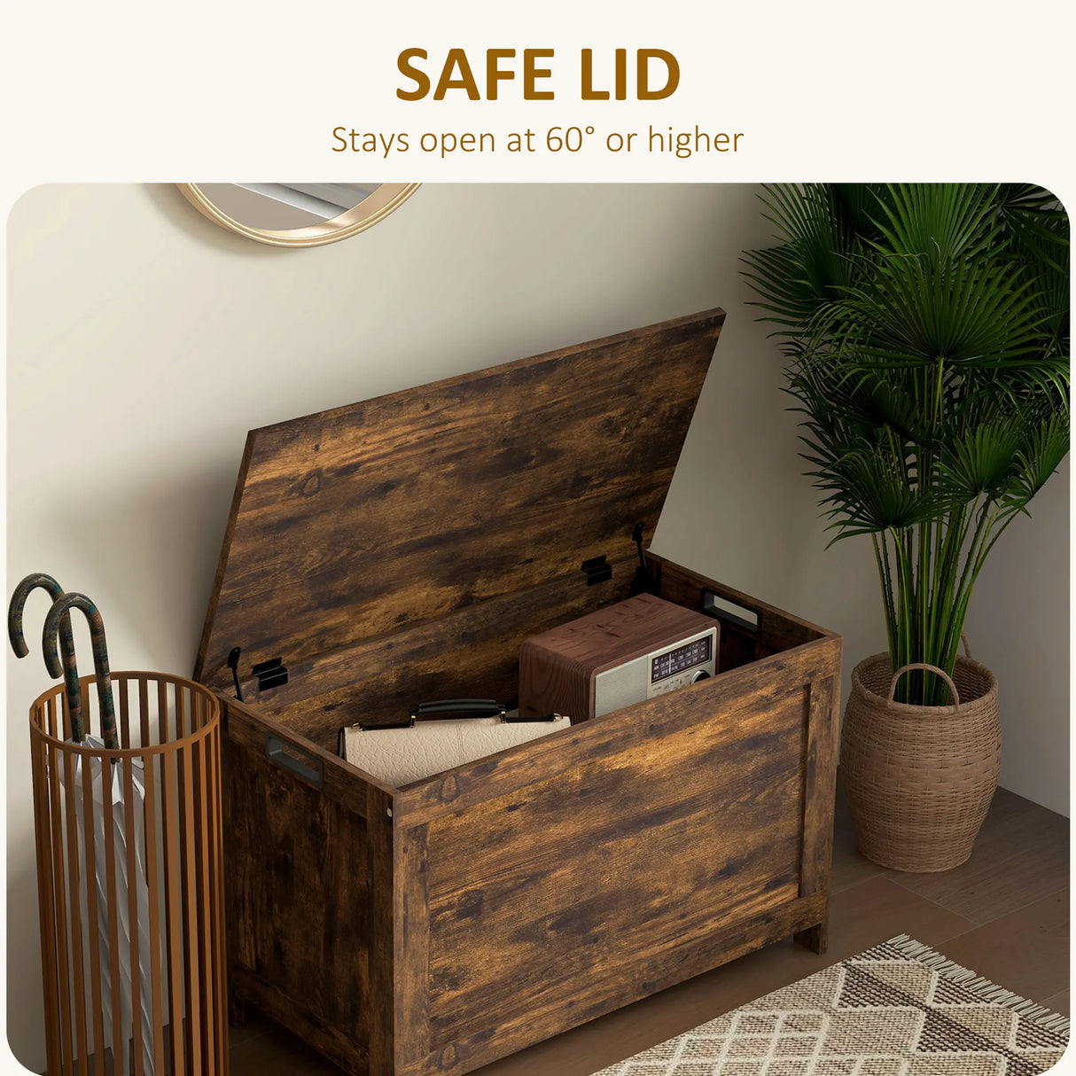 HOMCOM Storage Chest, Modern Storage Trunk with 2 Safety Hinges and Cut-out Handles, Wooden Toy Box for Living Room, Entryway, 76 x 40 x 48 cm, Rustic Brown