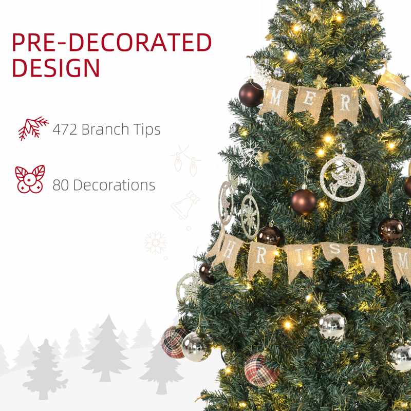 HOMCOM 5' Artificial Prelit Christmas Trees Holiday Décor with Warm White LED Lights, Decoration, Banner, Tag, Ball