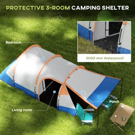 Outsunny Camping Tent, Large Tunnel Tent with Bedroom and Living Area, 2000mm Waterproof, Portable with Bag for 2-3 Man, Orange