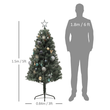 HOMCOM 5ft Pre-Lit Xmas Tree with Decorations, Green, Blue and Warm White