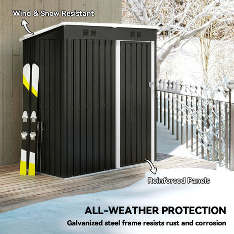 Outsunny 5 x 3 ft Lean-to Garden Shed, Outdoor Storage Shed with Lockable Door and Vents, Dark Grey