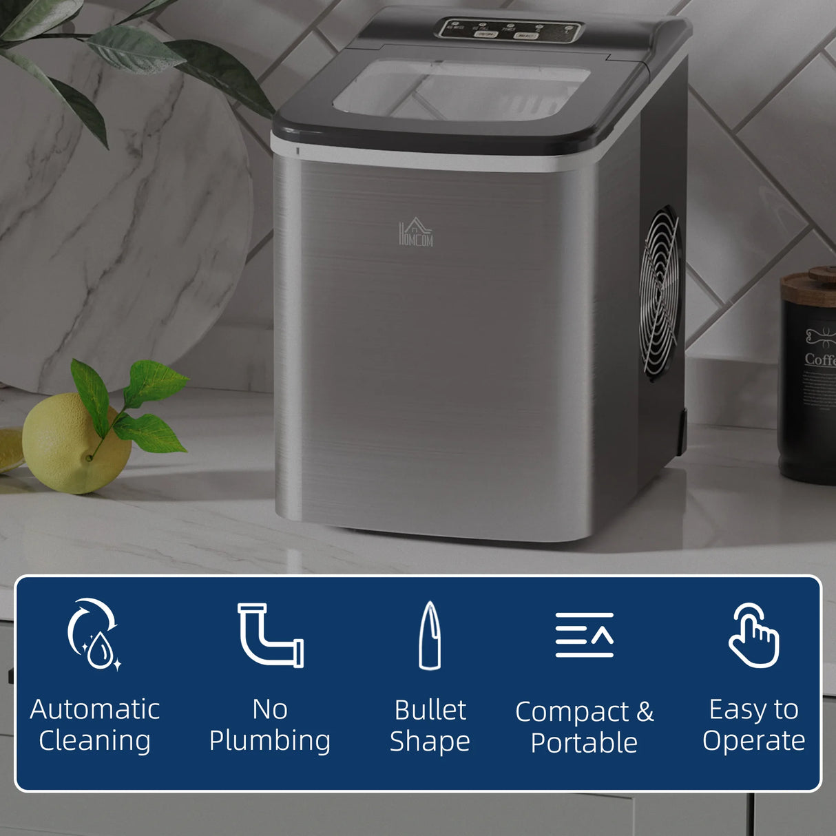 HOMCOM Ice Maker Machine Countertop, 9 Ice Cubes in 8 Mins, 12KG in 24Hrs, Self-Cleaning Portable Ice Cube Maker w/ Adjustable Ice Size, Ice Scoop, Basket, Stainless Steel, No Plumbing Required, Black