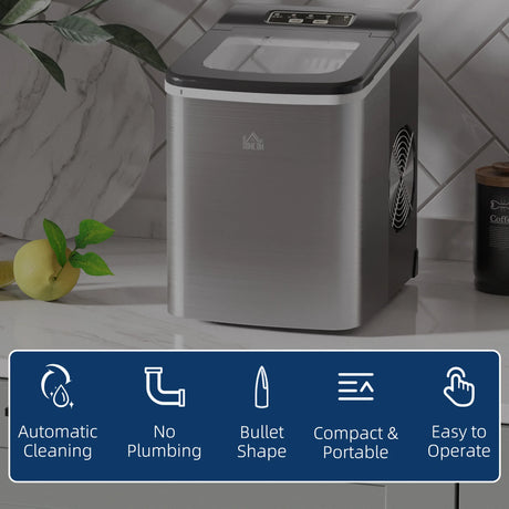 HOMCOM Ice Maker Machine Countertop, 9 Ice Cubes in 8 Mins, 12KG in 24Hrs, Self-Cleaning Portable Ice Cube Maker w/ Adjustable Ice Size, Ice Scoop, Basket, Stainless Steel, No Plumbing Required, Black