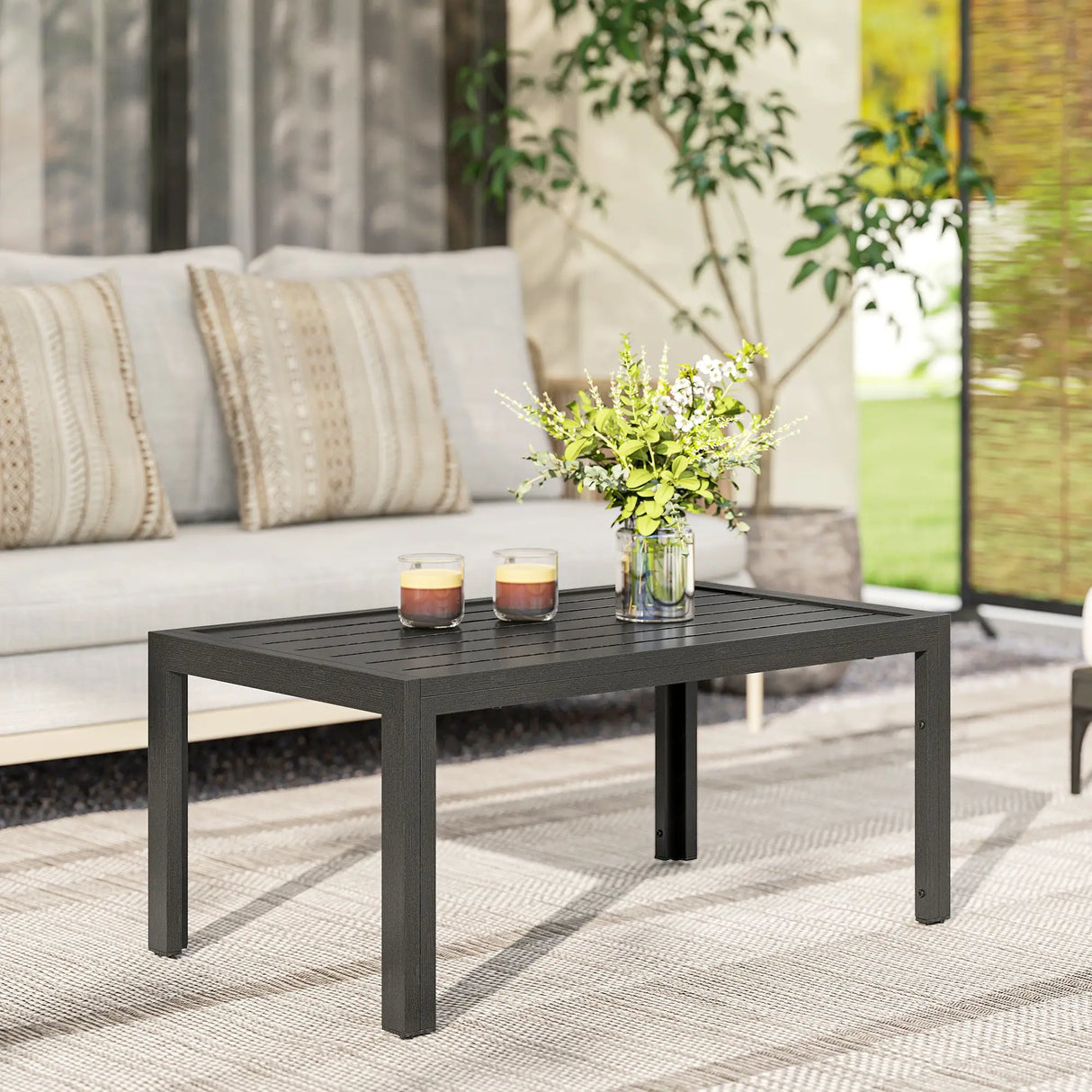 Outsunny Outdoor Side Table, Rectangular Patio Coffee Side Table with Steel Frame and Slat Tabletop for Garden, Balcony, Grey