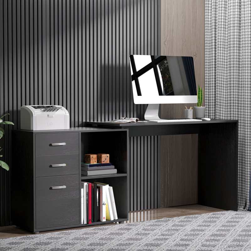 HOMCOM L-Shaped Computer Desk, 2 Shaped Corner Desk with Drawers, File Cabinet and Storage Shelves, Home Office Desk, 117 x 83.5 x 76cm, Black