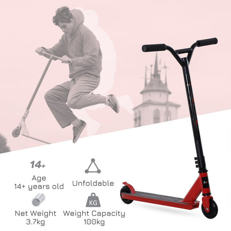 HOMCOM Street Stunt Scooter Intermediate and Beginner Freestyle Tricks Scooters For 14+ Teens Adult w/ Rear φ10cm Wheel & Brake - Red