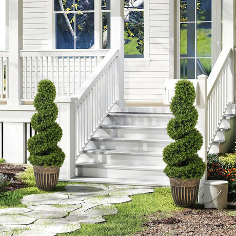 HOMCOM Set of 2 Artificial Plants, Topiary Spiral Boxwood Trees with Pot, for Home Indoor Outdoor Decor, 90cm