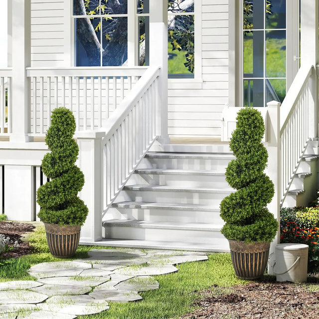 HOMCOM Set of 2 Artificial Plants, Topiary Spiral Boxwood Trees with Pot, for Home Indoor Outdoor Decor, 90cm