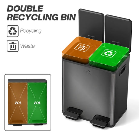HOMCOM 40L Dual Compartment Stainless Steel Bin, with Deodoriser Holders - Glossy Black