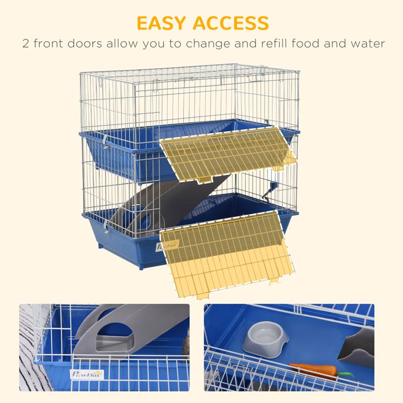 PawHut Double Tier Small Animal Cage Rabbit Chinchillas Cage w/ Ramp Food Dish Water Bottle Deep Trays Pet Home 72 x 44 x 67 cm