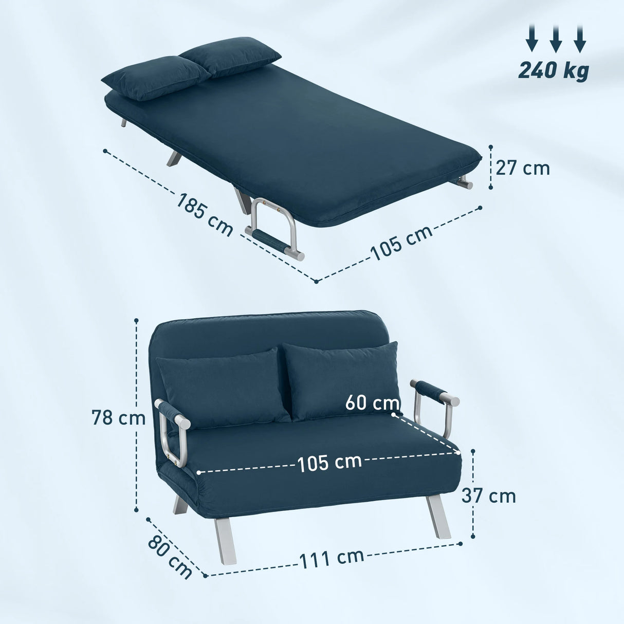 HOMCOM Two-Seater Click-Clack Sofa Bed - Navy Blue