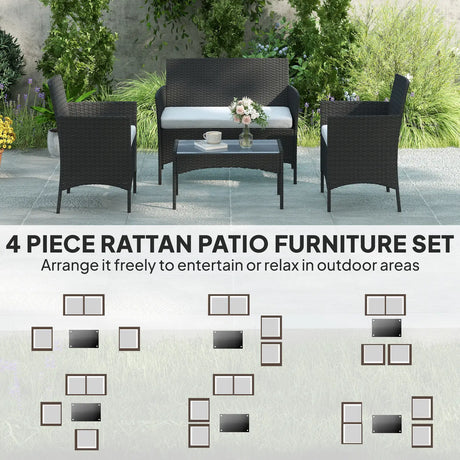 Outsunny 4 Piece Rattan Garden Furniture Sofa Set with Loveseat, Armchairs, Glass-Top Coffee Table and Cushions, Black