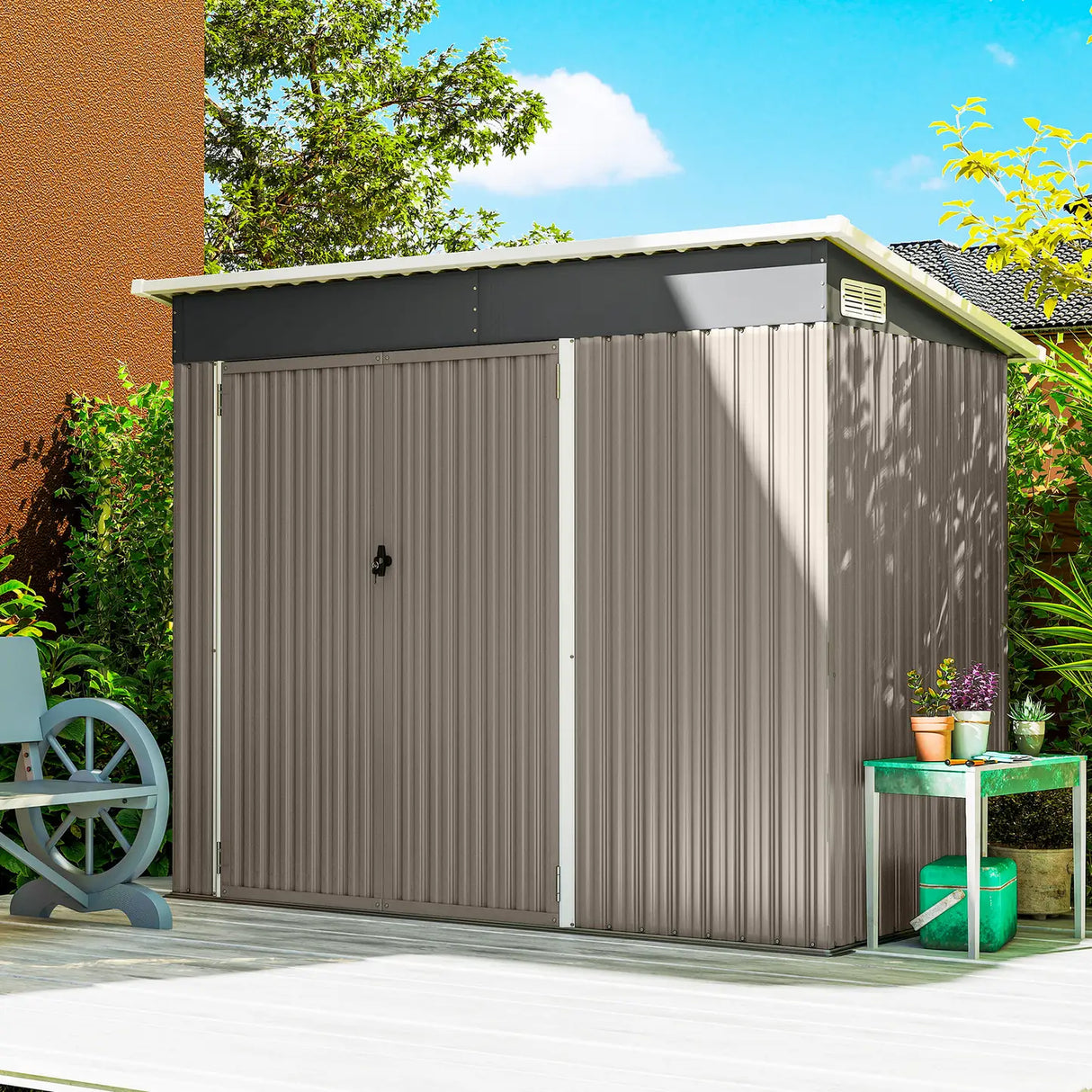 Outsunny 7.5 x 4.3ft Metal Garden Storage Shed, Waterproof Outdoor Shed with Triple Lockable Door, Gloves, Vents, Light Grey