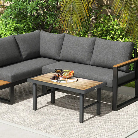 Outsunny Metal Garden Coffee Table, Outdoor Side Table with SPC Woodgrain Tabletop for Outside, Garden, Balcony, Porch, 100 x 53 x 46cm, Brown