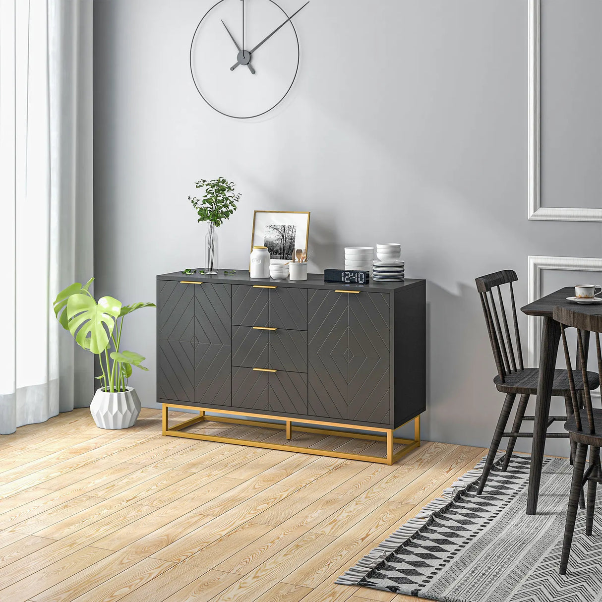 HOMCOM Sideboard with 3 Drawers and Adjustable Shelves for Living Room - Black
