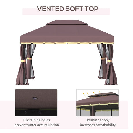 Outsunny 3 x 4m Aluminium Garden Gazebo, Marquee Canopy Shelter Pavilion Party Tent with Nets and Curtains for Garden and Deck, Coffee