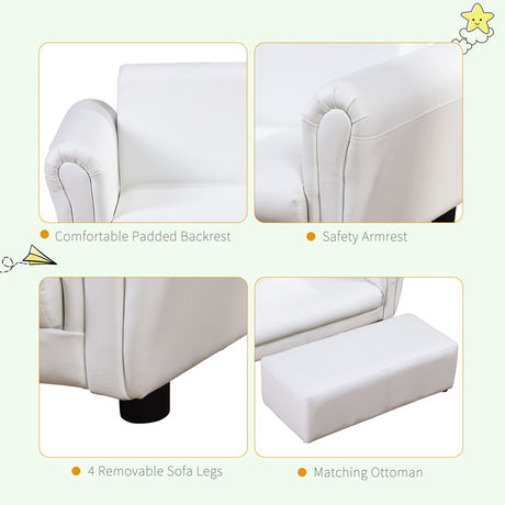 HOMCOM 2 Seater Toddler Chair Kids Twin Sofa Childrens Double Seat Chair Furniture Armchair Boys Girls Couch w/ Footstool (White)