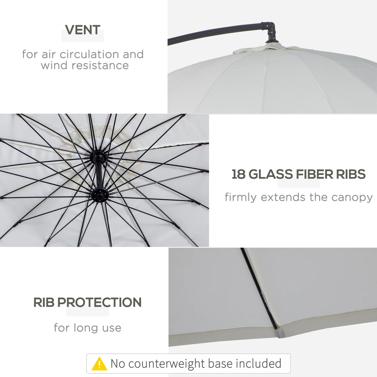 Outsunny 3(m) Cantilever Umbrella 18 Ribs & Vents Adjustable Angle for Patio Cream White