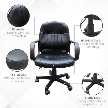 HOMCOM Swivel Executive Office Chair, PU Leather Computer Desk Chair with Adjustable Height, Wheels, Black