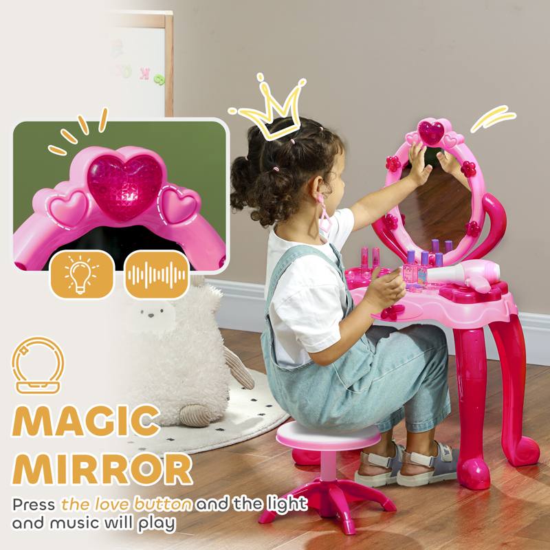 AIYAPLAY Kids Dressing Table with mirror, Stool, Light, Music, 15 Accessories, for Ages 3-6 Years, Pink