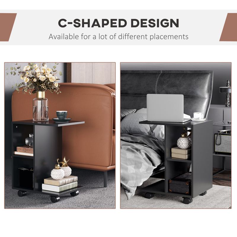 HOMCOM C-Shape End Table Unique Storage Unit w/ 2 Shelves 4 Wheels Freestanding Home Furniture Cabinet Square Black