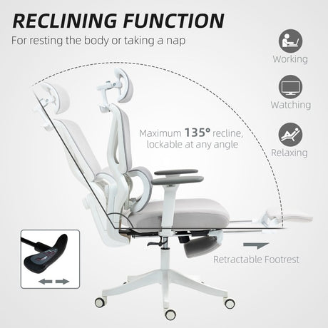 HOMCOM Executive Office Chair, Ergonomic Mesh Desk Chair with 3D Armrests, Rotatable Headrest, Adjustable Lumbar Support, Recliner Computer Swivel Chair with Footrest for Home Office, Grey