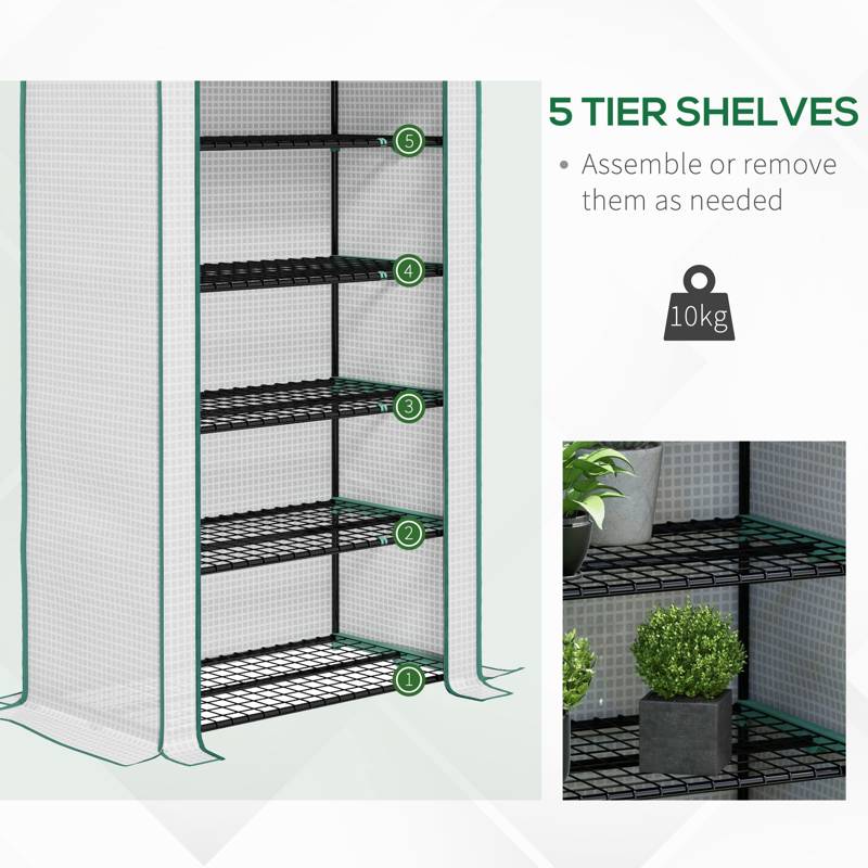 Outsunny 5 Tier Widened Mini Greenhouse with Reinforced PE Cover, Portable Indoor Outdoor Green House with Roll-up Door and Wire Shelves, 193H x 90W x 49Dcm, White