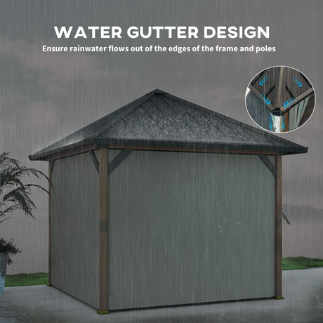 Outsunny 3 x 3(m) Hardtop Gazebo with Galvanised Steel Roof and Water Gutter, Waterproof Permanent Pavilion Garden Gazebo with Netting and Curtains for Patio, Deck, Walnut Wood Finish