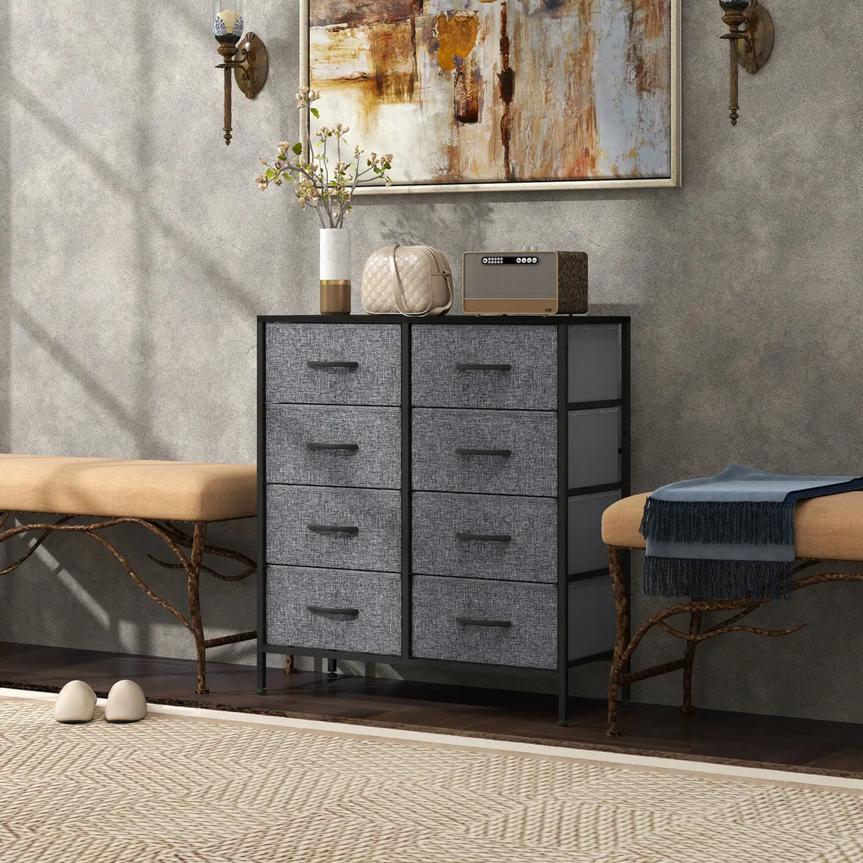 HOMCOM Fabric Chest of Drawers, Industrial Bedroom Dresser with 8 Fabric Drawers, Steel Frame and Wooden Top for Nursery, Living Room, Hallway, Black