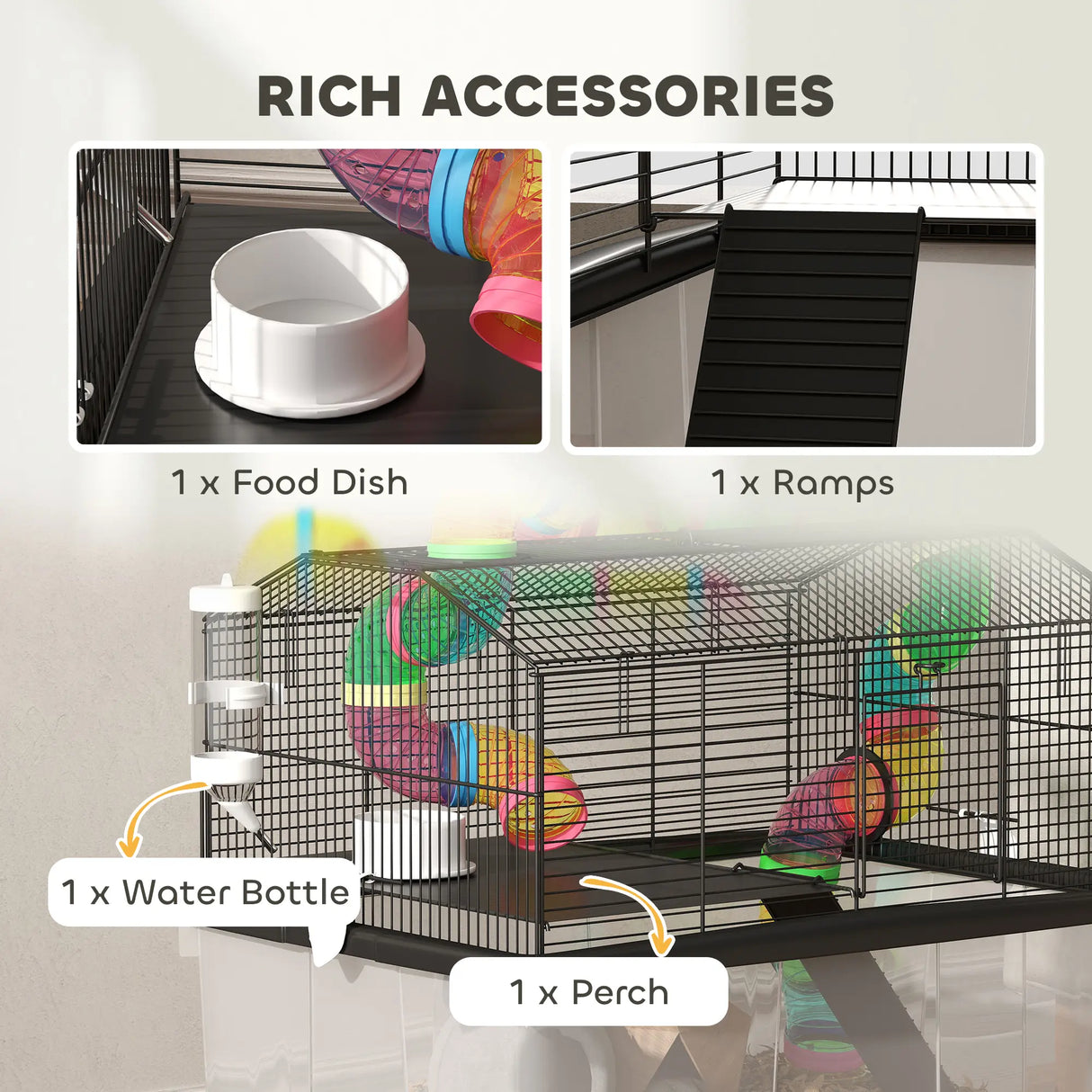 PawHut Two-Tier Hamster Cage with 31cm Deep Tray, Tube System, Water Bottle, Ramp, Feeding Bowl, Multicoloured
