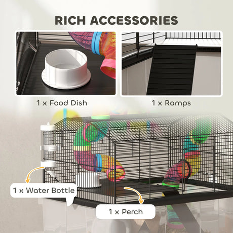 PawHut Two-Tier Hamster Cage with 31cm Deep Tray, Tube System, Water Bottle, Ramp, Feeding Bowl, Multicoloured
