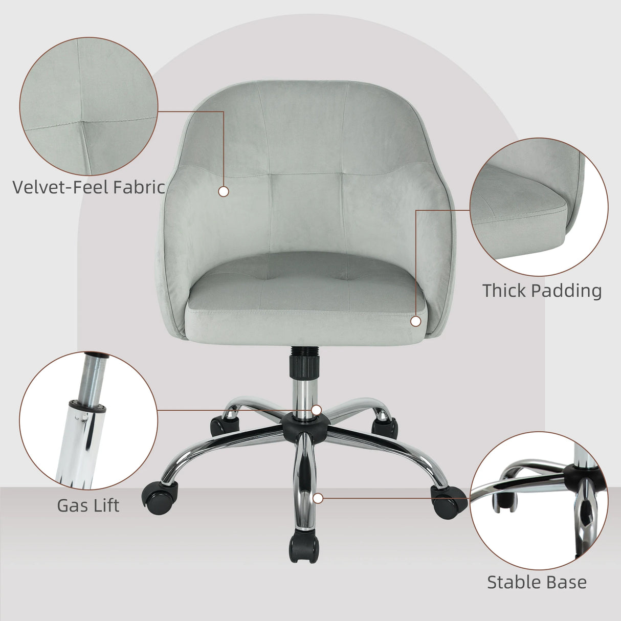 HOMCOM 46-56 cm Velvet-feel Office Chair - Grey
