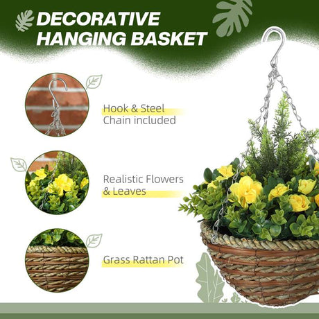 Outsunny Pack of 2 Faux Plant Artificial Lisianthus Flowers Hanging Planter with Basket for Indoor Outdoor Decoration, Yellow