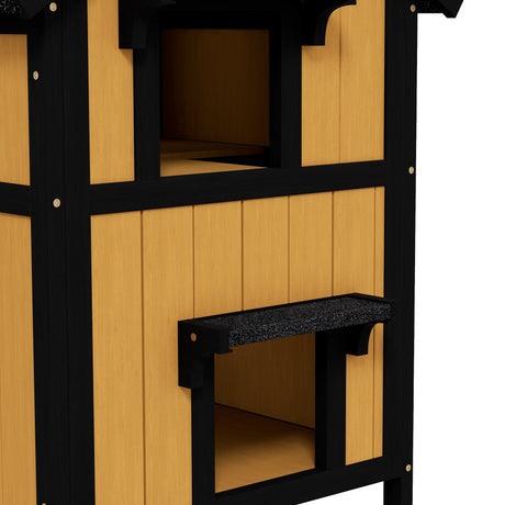 PawHut Wooden Cat House with Flower Pot, Windows, Multiple Entrances, Water-Resistant Roof for Outdoor - Yellow