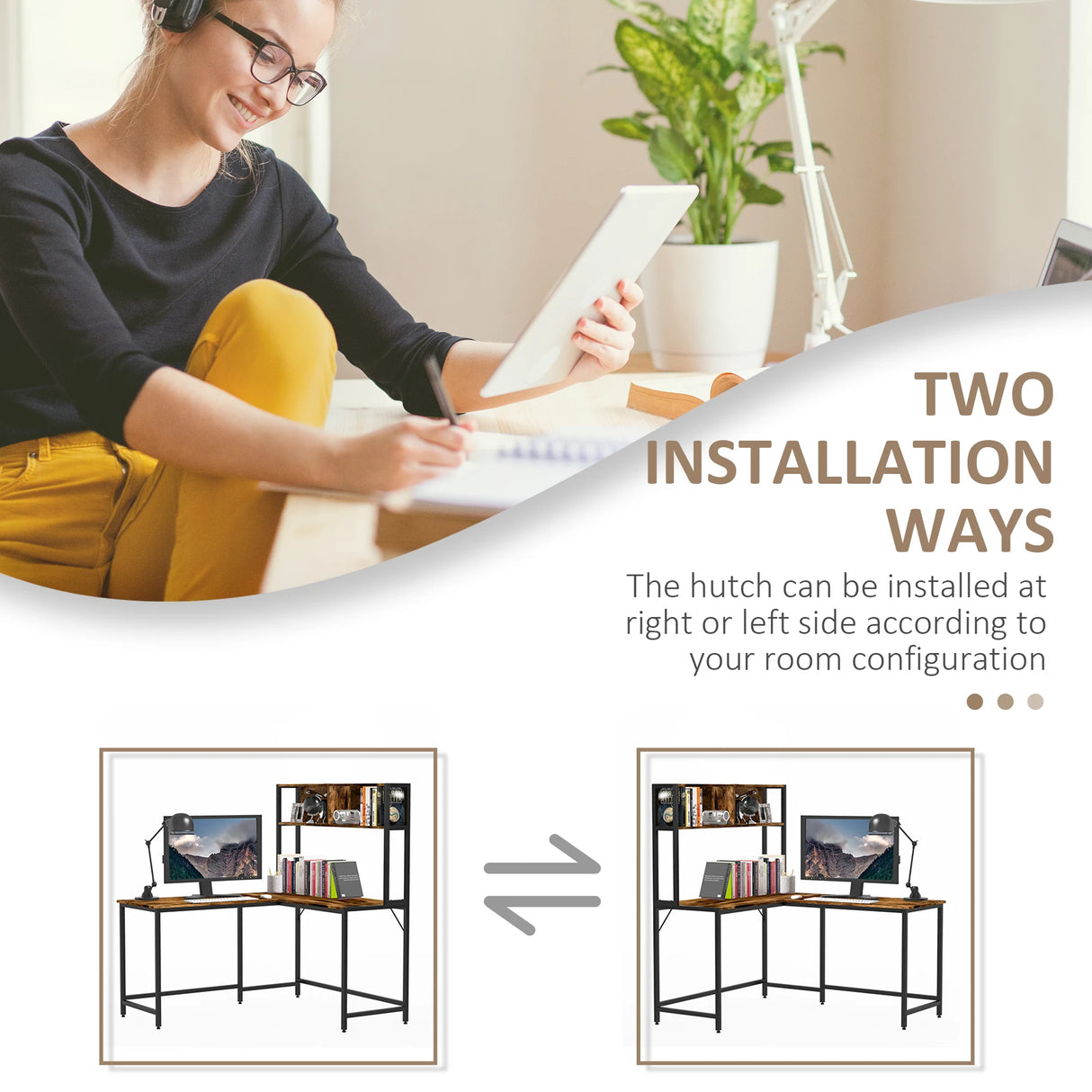 HOMCOM L Shaped Desk with Book Shelf, Industrial Corner Computer Desk, Writing Table with Steel Frame for Home Office, Bedroom, Study Room, 140 x 125cm, Brown