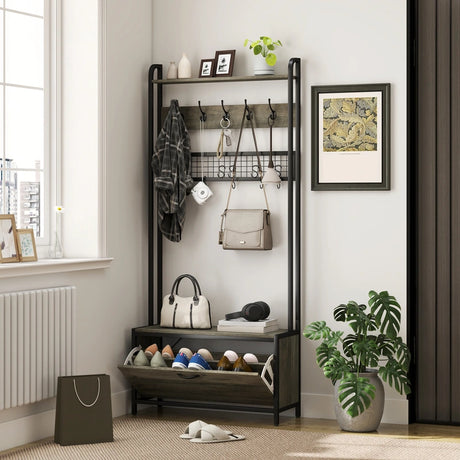 HOMCOM 5-In-1 Industrial-Style Hallway Tree - Grey/Black