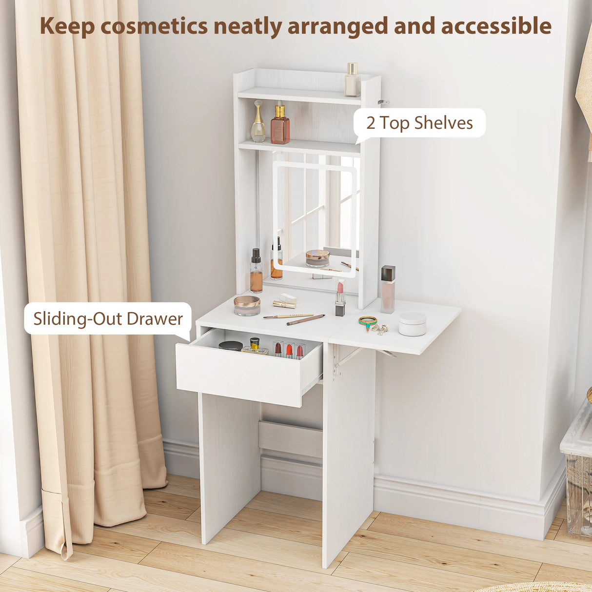 HOMCOM Small Vanity Desk with Mirror and LED Lights, Compact Dressing Table with Drop Leaf, Open Shelves and Drawer, White