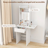 HOMCOM Small Vanity Desk with Mirror and LED Lights, Compact Dressing Table with Drop Leaf, Open Shelves and Drawer, White