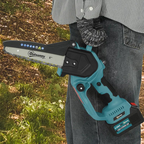 Outsunny 8 Inch Electric Chainsaw, Cordless Chain Saw with Brushless Motor, 2 4.0Ah Batteries and Safety Lock, Handheld Portable Wood Pruning Saw for Trimming Cutting, Blue