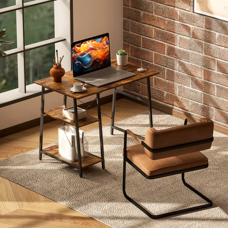 HOMCOM 100cm Computer Desk with Storage, Industrial Home Office Desk with 2 Tier Shelves and Steel Frame, Computer Table for Study Room, Rustic Brown