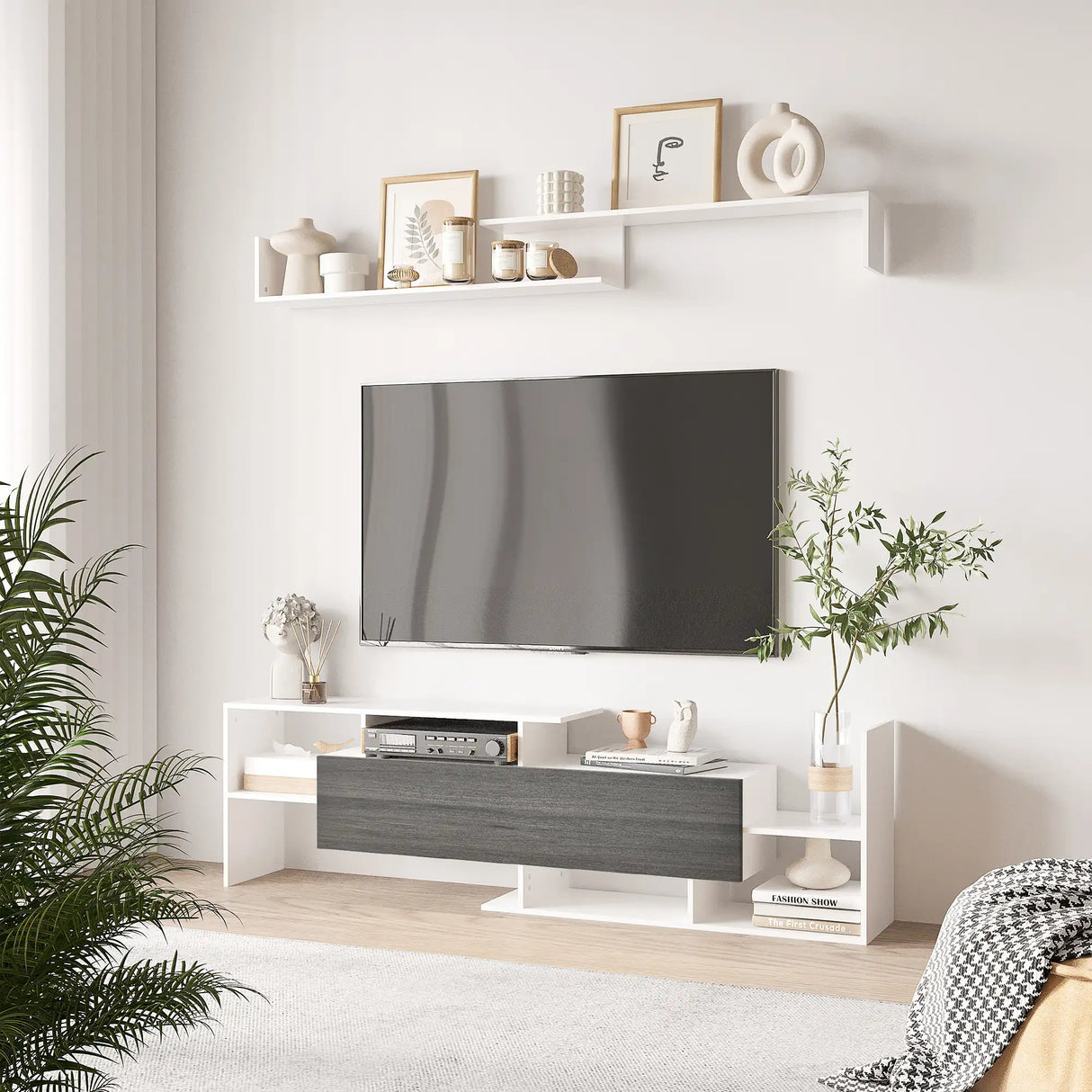 HOMCOM TV Cabinet with Wall Shelf for Wall-Mounted 65" TVs or Standing 40" TVs - White and Grey