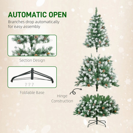 HOMCOM 6FT Artificial Christmas Tree with Pine Cones, Holiday Home Xmas Decoration Automatic Open, Green