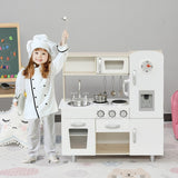 HOMCOM Kids Wooden Pretend Play Toy Kitchen Cooking Set Role Play Phone for Boys Girls White