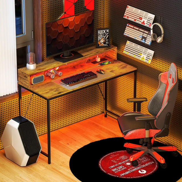 HOMCOM 120cm Computer Desk with LED Lights and Power Outlets, Gaming Desk with Monitor Stand, Computer Table with Remote for Home Office Study, Rustic Brown